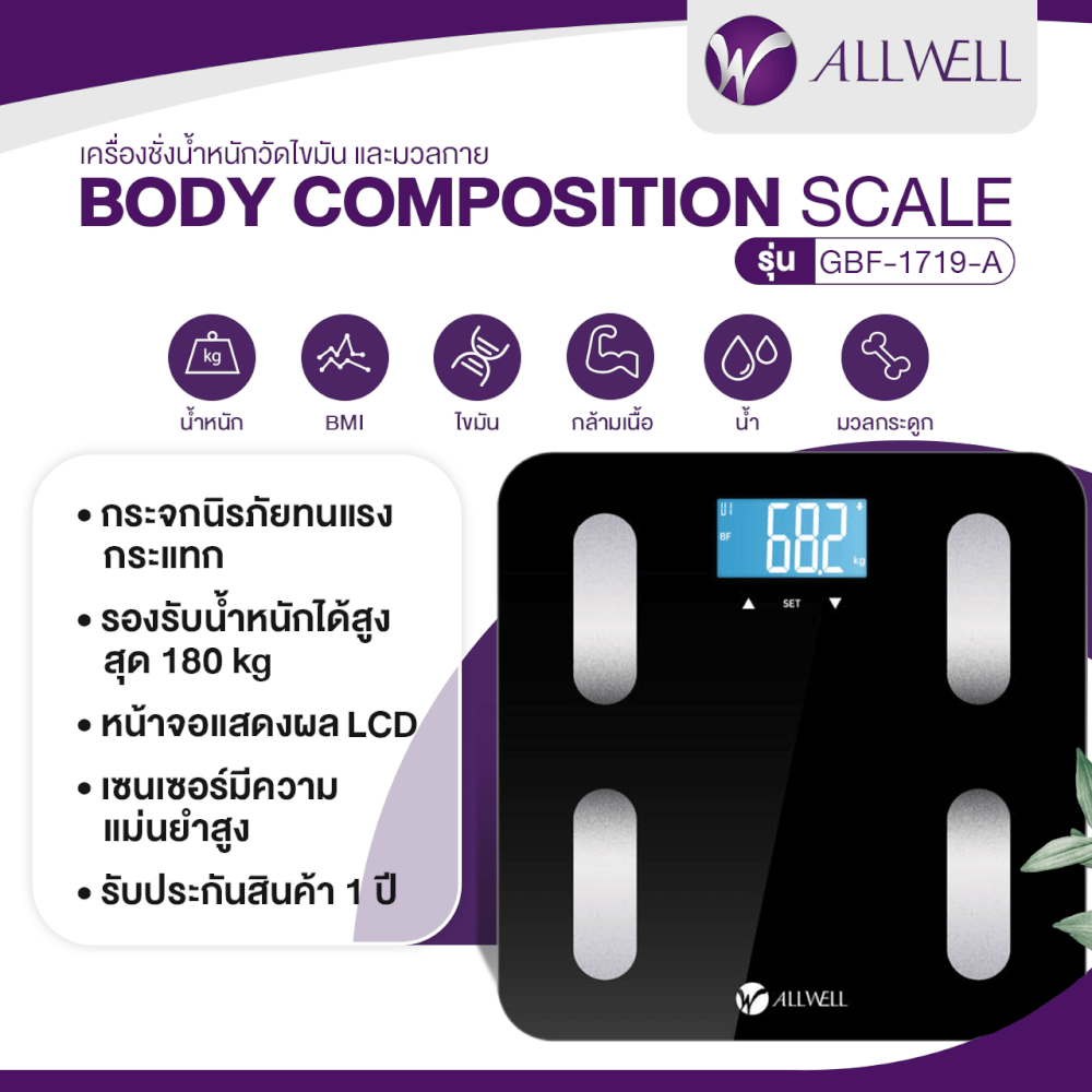 เครื่องชั่งน้ำหนัก วัดองค์ประกอบได้ 6 ค่า ALLWELL GBF-1719-A ดำ